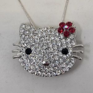 Crystal Clear Pave Kitty Face Brooch Pendant Necklace Silver Tone Red Flower
